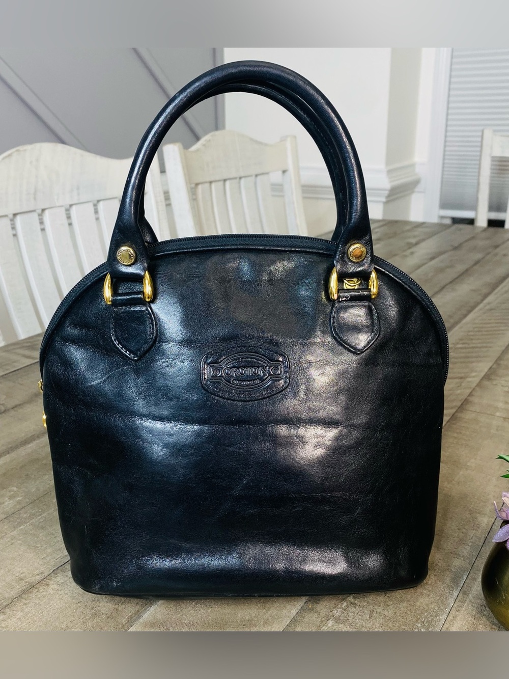 Vintage Oroton Australia Black Genuine Leather Dome Satchel / Doctor's Bag